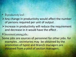• 3:productivity level :
Any change in productivity would affect the number
of persons required per unit of output .
Increase in productivity will reduce the requirement
and decrease in it would have the effect .
4 )movement among jobs :
Some jobs are sources of personnel for other jobs. for
examples , secretaries may be obtained by the
promotion of typist and Branch managers are
obtained from a pool of section managers .
 