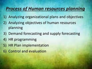 Process of Human resources planning:
1) Analyzing organizational plans and objectives
2) Analyzing objectives of human resources
planning
3) Demand forecasting and supply forecasting
4) HR programming
5) HR Plan implementation
6) Control and evaluation
 