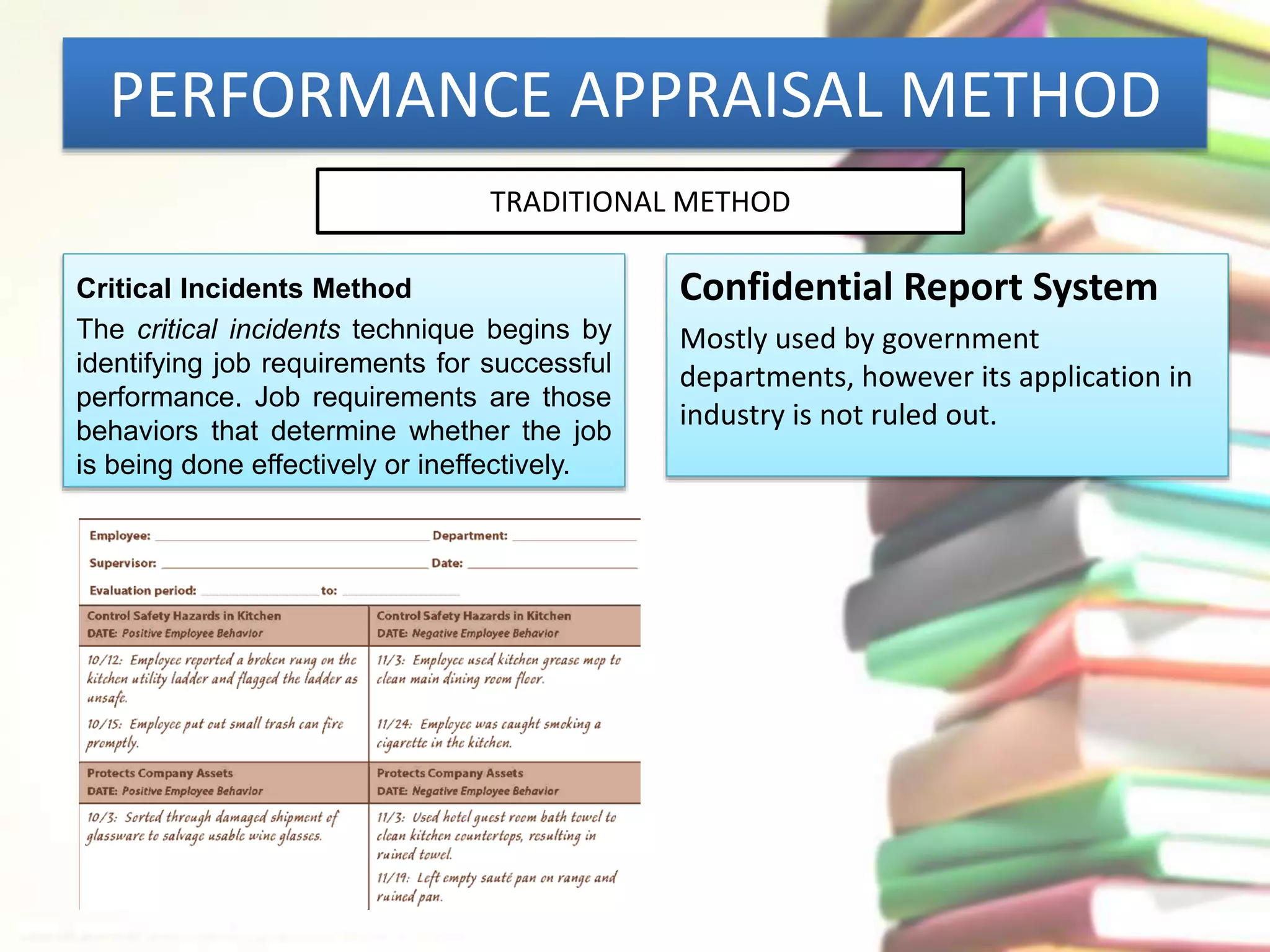 PERFORMANCE APPRAISAL METHOD 
TRADITIONAL METHOD 
Critical Incidents Method 
The critical incidents technique begins by 
identifying job requirements for successful 
performance. Job requirements are those 
behaviors that determine whether the job 
is being done effectively or ineffectively. 
Confidential Report System 
Mostly used by government 
departments, however its application in 
industry is not ruled out. 
 