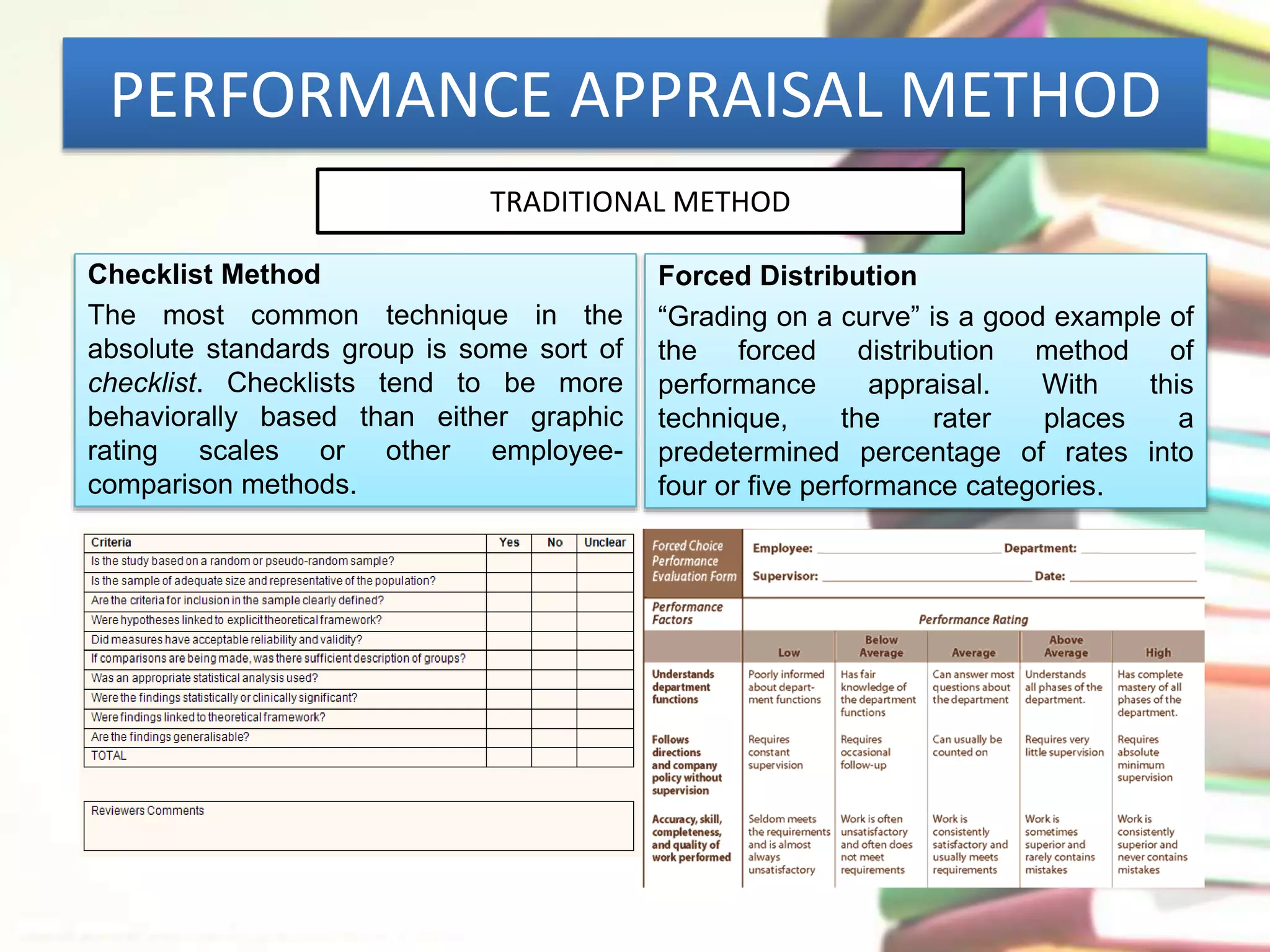 PERFORMANCE APPRAISAL METHOD 
Checklist Method 
The most common technique in the 
absolute standards group is some sort of 
checklist. Checklists tend to be more 
behaviorally based than either graphic 
rating scales or other employee-comparison 
methods. 
TRADITIONAL METHOD 
Forced Distribution 
“Grading on a curve” is a good example of 
the forced distribution method of 
performance appraisal. With this 
technique, the rater places a 
predetermined percentage of rates into 
four or five performance categories. 
 