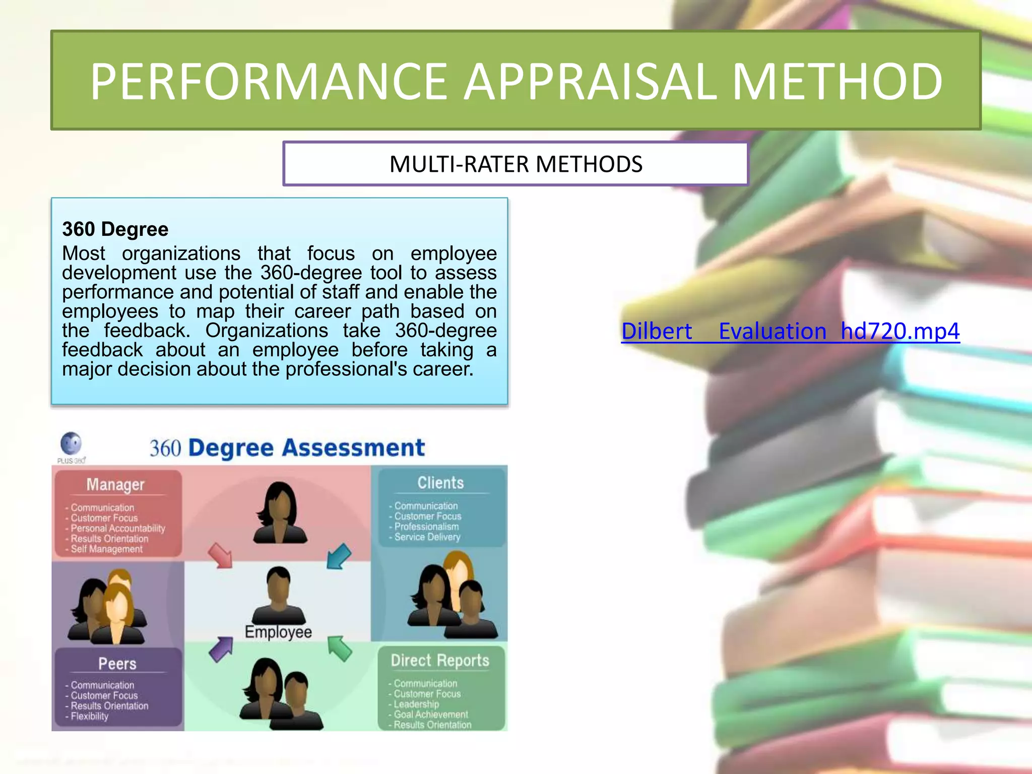 PERFORMANCE APPRAISAL METHOD 
MULTI-RATER METHODS 
360 Degree 
Most organizations that focus on employee 
development use the 360-degree tool to assess 
performance and potential of staff and enable the 
employees to map their career path based on 
the feedback. Organizations take 360-degree 
feedback about an employee before taking a 
major decision about the professional's career. 
Dilbert__Evaluation_hd720.mp4 
 