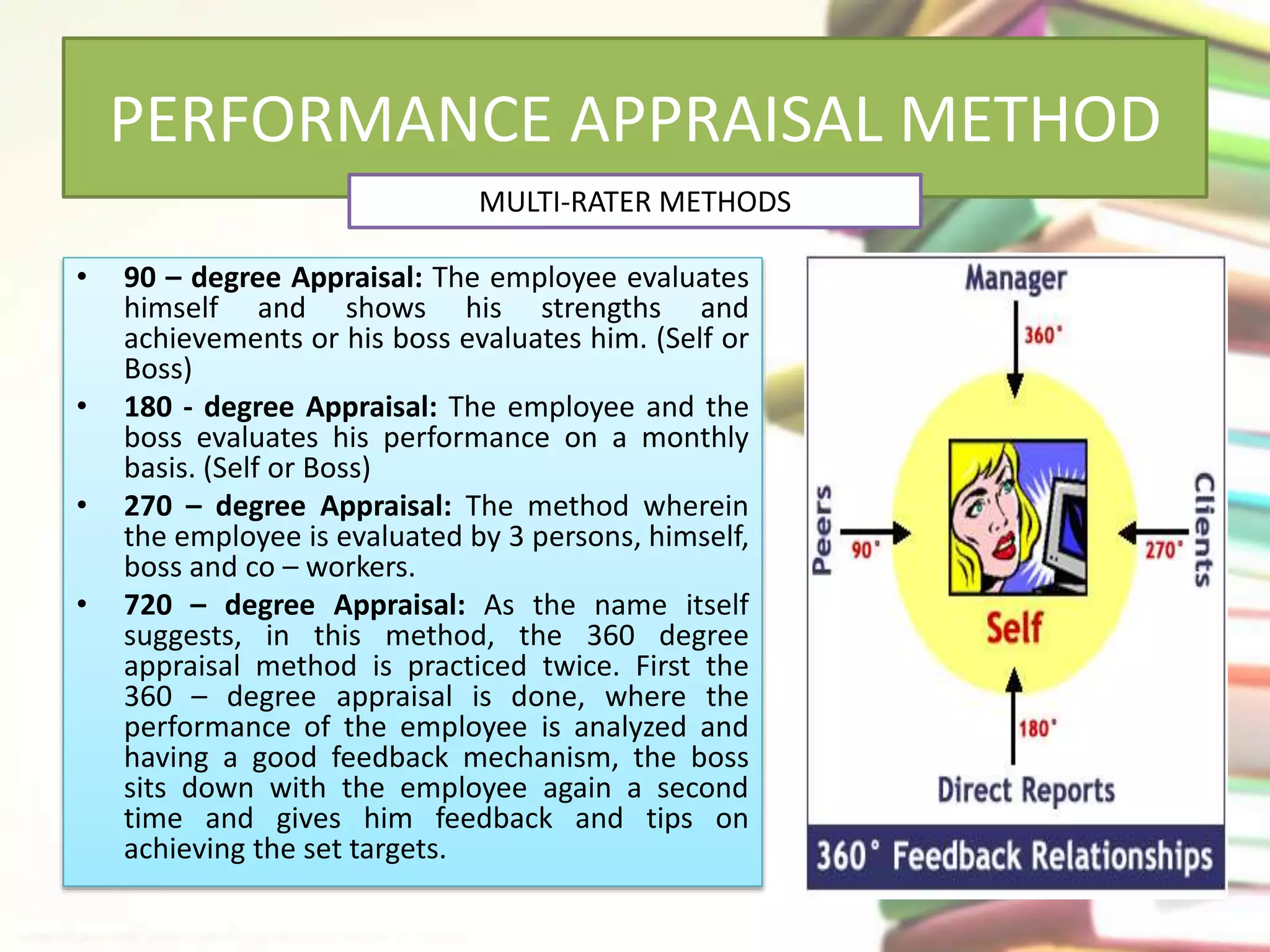 PERFORMANCE APPRAISAL METHOD 
MULTI-RATER METHODS 
• 90 – degree Appraisal: The employee evaluates 
himself and shows his strengths and 
achievements or his boss evaluates him. (Self or 
Boss) 
• 180 - degree Appraisal: The employee and the 
boss evaluates his performance on a monthly 
basis. (Self or Boss) 
• 270 – degree Appraisal: The method wherein 
the employee is evaluated by 3 persons, himself, 
boss and co – workers. 
• 720 – degree Appraisal: As the name itself 
suggests, in this method, the 360 degree 
appraisal method is practiced twice. First the 
360 – degree appraisal is done, where the 
performance of the employee is analyzed and 
having a good feedback mechanism, the boss 
sits down with the employee again a second 
time and gives him feedback and tips on 
achieving the set targets. 
 