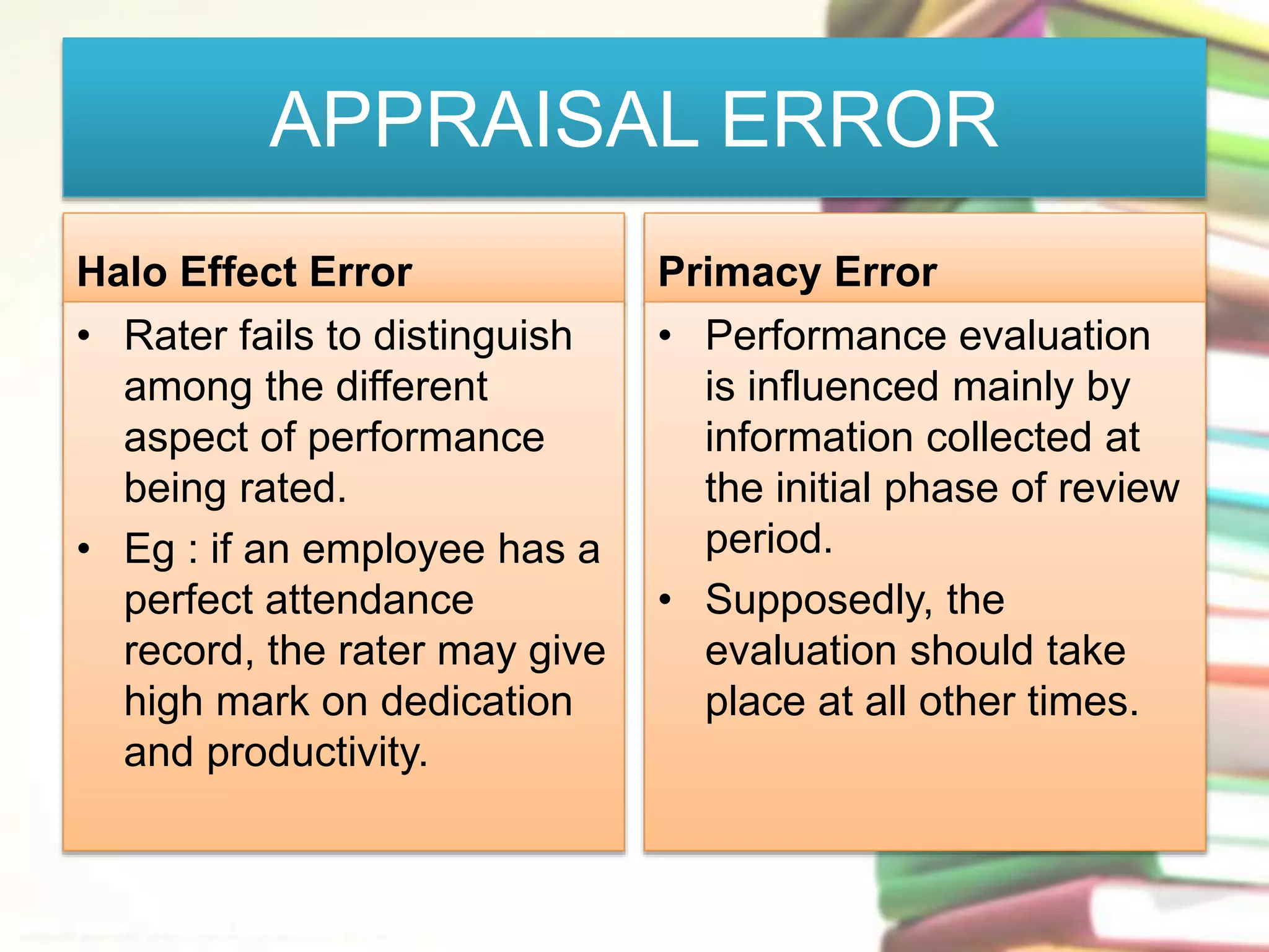 APPRAISAL ERROR 
Halo Effect Error 
• Rater fails to distinguish 
among the different 
aspect of performance 
being rated. 
• Eg : if an employee has a 
perfect attendance 
record, the rater may give 
high mark on dedication 
and productivity. 
Primacy Error 
• Performance evaluation 
is influenced mainly by 
information collected at 
the initial phase of review 
period. 
• Supposedly, the 
evaluation should take 
place at all other times. 
 