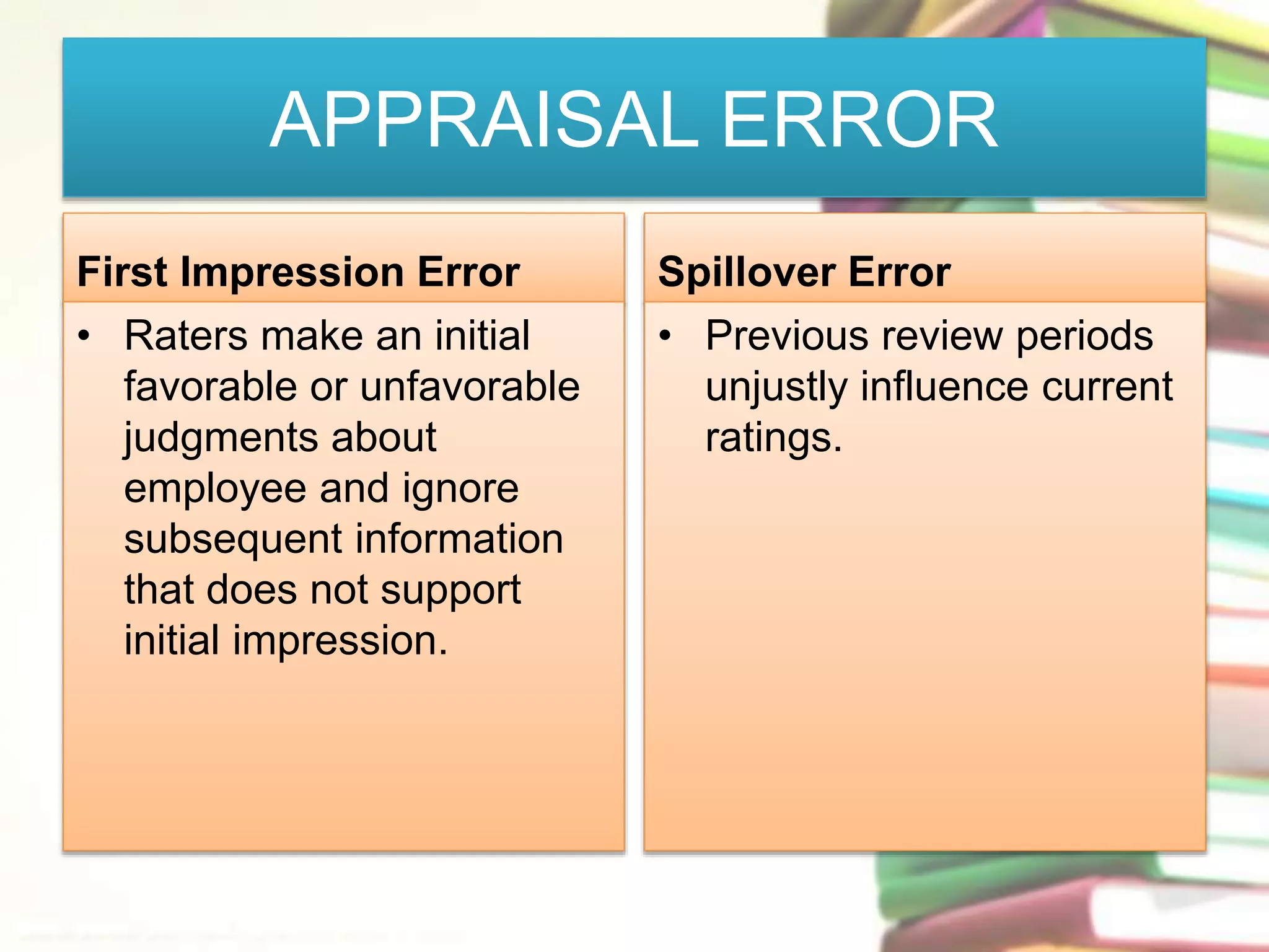 APPRAISAL ERROR 
First Impression Error 
• Raters make an initial 
favorable or unfavorable 
judgments about 
employee and ignore 
subsequent information 
that does not support 
initial impression. 
Spillover Error 
• Previous review periods 
unjustly influence current 
ratings. 
 