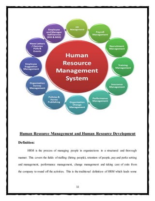 11
Human Resource Management and Human Resource Development
Definition:
HRM is the process of managing people in organizations in a structured and thorough
manner. This covers the fields of staffing (hiring people), retention of people, pay and perks setting
and management, performance management, change management and taking care of exits from
the company to round off the activities. This is the traditional definition of HRM which leads some
 