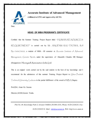 2
Accurate Institute of Advanced Management
(Affiliated to UPTU and Approved by AICTE)
______________________________________
Date:
HEAD OF MBA PROGRAM’S CERTIFICATE
Certified that the Summer Training Project Report titled “HUMAN RESOURCES
REQUIRTMENT” is carried out by Mr. ANUPAM RAJ PATWA, Roll
No.1368670020, a student of MBA –III semester at Accurate Institute of Advanced
Management, Greater Noida, under the supervision of –Shaurabh Chandra HR Manager
(Designation) Honeywell Automation India Ltd.
This is an original work carried out by the said student to the best of my knowledge and I
recommend for the submission of this summer Training Project Report to Uttar Pradesh
Technical University, Lucknow in the partial fulfillment of the award of MBA Dagree.
Prof.(Dr.) Amar Kr. Saxena
Director,AIAM,Greater Noida.
Plot No. 49, Knowledge Park-3, Greater NOIDA-201306 (UP), Phone: 0120-2328235, Fax:
0120-2320355 E. Mail.: info@accurate.in, Web: http//www.aiam.in
 