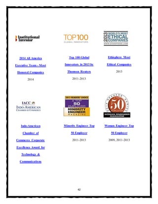 42
2014 All America
Executive Team - Most
Honored Companies
2014
Top 100 Global
Innovators in 2013 by
Thomson Reuters
2011-2013
Ethisphere Most
Ethical Companies
2013
Indo-American
Chamber of
Commerce Corporate
Execllence Award for
Technology &
Communications
Minority Engineer Top
50 Employer
2011-2013
Woman Engineer Top
50 Employer
2009, 2011-2013
 