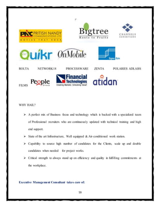 59
ROLTA NETWORK18 PROCESSWARE ZENTA POLARIES ADLABS
FILMS
WHY HAIL?
 A perfect mix of Business focus and technology which is backed with a specialized team
of Professional recruiters who are continuously updated with technical training and high
end support.
 State of the art Infrastructure, Well equipped & Air-conditioned work station.
 Capability to source high number of candidates for the Clients, scale up and double
candidates when needed for project works.
 Critical strength to always stand up on efficiency and quality in fulfilling commitments at
the workplace.
Executive Management Consultant takes care of:
 