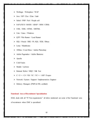 62
 Weblogic / Websphere / WAP
 Java / JSP / J2ee / J2me / Junit
 Siebel / PHP / Perl / People soft
 SAP (FICO / BASIS / ABAP / SRM / CRM)
 UML / XML / HTML / DHTML
 Unix / Linux / Windows
 QTP / Win Runner / Load Runner
 SQL / Oracle / DB2 / PL SQL / D2K / Dbase
 Lotus / Mainframes
 3DMax / Coral Draw / Adobe Photoshop
 Adobe Pagemaker / Adobe Illustrator
 Apache
 Cold Fusion
 Matlab / Labview
 Rational Robot / MQC / Silk Test
 C / C++ / C# / VB / VC / VC++ / ASP / Foxpro
 Network / System / Support / Implementation Engineer
 Delivery Managers (PMP & ITIL certified)
Functional Area of Recruitment Specialization
HAIL deals with all “IT Non requirements” & below mentioned are some of the Functional area
of recruitment where EMC is specialized:
 
