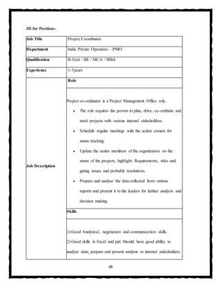 68
JD for Position:-
Job Title Project Coordinator
Department India Private Operators – PMO
Qualification B.Tech / BE / MCA / MBA
Experience 1-3years
Job Description
Role
Project co-ordinator is a Project Management Office role.
 The role requires the person to plan, drive, co-ordinate and
track projects with various internal stakeholders.
 Schedule regular meetings with the action owners for
status tracking.
 Update the senior members of the organization on the
status of the projects, highlight Requirements, risks and
gating issues and probable resolutions.
 Prepare and analyse the data collected from various
reports and present it to the leaders for further analysis and
decision making.
Skills
1) Good Analytical, negotiation and communication skills.
2) Good skills in Excel and ppt. Should have good ability to
analyze data, prepare and present analysis to internal stakeholders.
 