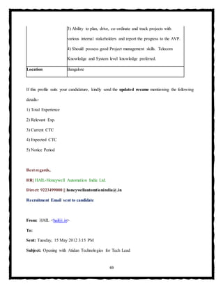 69
3) Ability to plan, drive, co-ordinate and track projects with
various internal stakeholders and report the progress to the AVP.
4) Should possess good Project management skills. Telecom
Knowledge and System level knowledge preferred.
Location Bangalore
If this profile suits your candidature, kindly send the updated resume mentioning the following
details:-
1) Total Experience
2) Relevant Exp.
3) Current CTC
4) Expected CTC
5) Notice Period
Best regards,
HR| HAIL-Honeywell Automation India Ltd.
Direct: 9223499000 || honeywellautomtionindia@.in
Recruitment Email sent to candidate
From: HAIL <hail@.in>
To:
Sent: Tuesday, 15 May 2012 3:15 PM
Subject: Opening with Atidan Technologies for Tech Lead
 