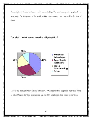 80
The analysis of the data is done as per the survey finding. The data is represented graphically in
percentage. The percentage of the people opinion were analyzed and expressed in the form of
charts.
Question 1: What form of interview did you prefer?
Most of the manager Prefer Personal interviews, 30% prefer to take telephonic interviews where
as only 20% goes for video conferencing and rest 10% adopt some other means of interviews.
 