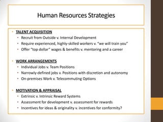Human ResourcesStrategies
• TALENT ACQUISITION
• Recruit from Outside v. Internal Development
• Require experienced, highly-skilled workers v. “we will train you”
• Offer “top dollar” wages & benefits v. mentoring and a career
• WORK ARRANGEMENTS
• Individual Jobs v. Team Positions
• Narrowly-defined jobs v. Positions with discretion and autonomy
• On-premises Work v. Telecommuting Options
• MOTIVATION & APPRAISAL
• Extrinsic v. Intrinsic Reward Systems
• Assessment for development v. assessment for rewards
• Incentives for ideas & originality v. incentives for conformity?
 