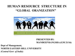 HUMAN RESOURCE STRUCTURE IN
“GLOBAL ORANIZATION”
PRESENTED BY:
MANDEEP RANGSHA (GM 21/16)
Dept of Management,
NORTH EASTERN HILL UNIVERSITY
(Central Govt of India)
 