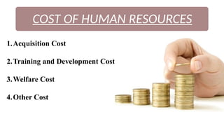 COST OF HUMAN RESOURCES
1.Acquisition Cost
2.Training and Development Cost
3.Welfare Cost
4.Other Cost
 