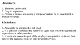 Advantages-
1. Simple to understand.
2. Easy to implement.
3. Provide a basis of evaluating a company’s return on its investment in
human resources.
Limitations-
1. Amount to be amortized is not fixed.
2. It is difficult to estimate the number of years over which the capitalized
expenditure is to be amortized.
3. It takes into account a part of the employees acquisition costs and thus
ignores the aggregate value of their potential services.
 