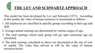 THE LEV AND SCHWARTZ APPROACH
This model has been developed by Lev and Schwartz (1971). According
to this model, the value of human resources is ascertained as follows –
1. All employees are classified in specific groups according to their age and
skill.
2. Average annual earnings are determined for various ranges of age.
3. The total earnings which each group will get upto retirement age are
calculated.
4. The total earnings calculated as above are discounted at the rate of cost
of capital. The value thus arrived at will be the value of human
resources/assets.
 