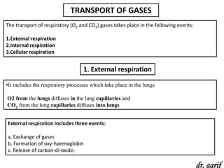 TRANSPORT OF GASES
The transport of respiratory (O2 and CO2) gases takes place in the following events:

1.External respiration
2.Internal respiration
3.Cellular respiration


                                   1. External respiration

•It includes the respiratory processes which take place in the lungs

O2 from the lungs diffuses in the lung capillaries and
CO2 from the lung capillaries diffuses into lungs


External respiration includes three events:

a. Exchange of gases
b. Formation of oxy-haemoglobin
c. Release of carbon-di-oxide:

                                                                                       dr. aarif
 