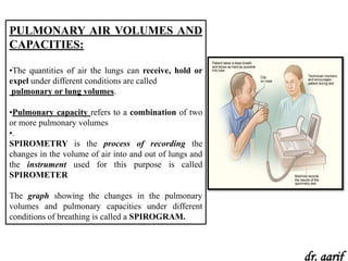 PULMONARY AIR VOLUMES AND
CAPACITIES:

•The quantities of air the lungs can receive, hold or
expel under different conditions are called
 pulmonary or lung volumes.

•Pulmonary capacity refers to a combination of two
or more pulmonary volumes
•.
SPIROMETRY is the process of recording the
changes in the volume of air into and out of lungs and
the instrument used for this purpose is called
SPIROMETER

The graph showing the changes in the pulmonary
volumes and pulmonary capacities under different
conditions of breathing is called a SPIROGRAM.



                                                         dr. aarif
 