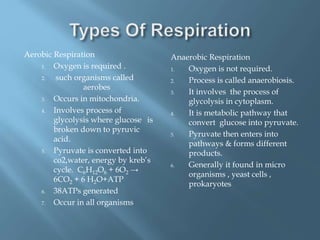 Aerobic Respiration
1. Oxygen is required .
2. such organisms called
aerobes
3. Occurs in mitochondria.
4. Involves process of
glycolysis where glucose is
broken down to pyruvic
acid.
5. Pyruvate is converted into
co2,water, energy by kreb’s
cycle. C6H12O6 + 6O2 →
6CO2 + 6 H2O+ATP
6. 38ATPs generated
7. Occur in all organisms
Anaerobic Respiration
1. Oxygen is not required.
2. Process is called anaerobiosis.
3. It involves the process of
glycolysis in cytoplasm.
4. It is metabolic pathway that
convert glucose into pyruvate.
5. Pyruvate then enters into
pathways & forms different
products.
6. Generally it found in micro
organisms , yeast cells ,
prokaryotes
 