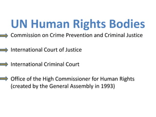 UN Human Rights Bodies
Commission on Crime Prevention and Criminal Justice

International Court of Justice

International Criminal Court

Office of the High Commissioner for Human Rights
(created by the General Assembly in 1993)
 
