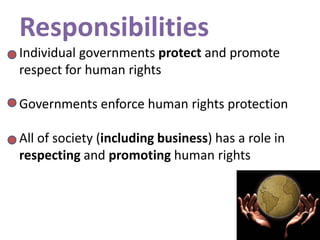 Responsibilities
Individual governments protect and promote
respect for human rights

Governments enforce human rights protection

All of society (including business) has a role in
respecting and promoting human rights
 