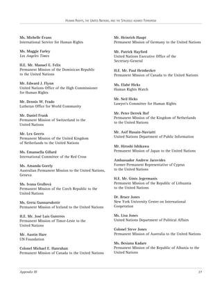 HUMAN RIGHTS, THE UNITED NATIONS, AND THE STRUGGLE AGAINST TERRORISM

Ms. Michelle Evans
International Service for Human Rights

Mr. Heinrich Haupt
Permanent Mission of Germany to the United Nations

Ms. Maggie Farley
Los Angeles Times

Mr. Patrick Hayford
United Nations Executive Office of the
Secretary-General

H.E. Mr. Manuel E. Felix
Permanent Mission of the Dominican Republic
to the United Nations
Mr. Edward J. Flynn
United Nations Office of the High Commissioner
for Human Rights
Mr. Dennis W. Frado
Lutheran Office for World Community
Mr. Daniel Frank
Permanent Mission of Switzerland to the
United Nations
Mr. Lex Geerts
Permanent Mission of the United Kingdom
of Netherlands to the United Nations
Ms. Emanuella Gillard
International Committee of the Red Cross
Ms. Amanda Gorely
Australian Permanent Mission to the United Nations,
Geneva
Ms. Ivana Grollová
Permanent Mission of the Czech Republic to the
United Nations
Ms. Greta Gunnarsdottir
Permanent Mission of Iceland to the United Nations
H.E. Mr. José Luis Guterres
Permanent Mission of Timor-Leste to the
United Nations
Mr. Austin Hare
UN Foundation
Colonel Michael E. Hanrahan
Permanent Mission of Canada to the United Nations

Appendix III

H.E. Mr. Paul Heinbecker
Permanent Mission of Canada to the United Nations
Ms. Elahé Hicks
Human Rights Watch
Mr. Neil Hicks
Lawyer’s Committee for Human Rights
Mr. Peter Derrek Hof
Permanent Mission of the Kingdom of Netherlands
to the United Nations
Mr. Asif Husain-Naviatti
United Nations Department of Public Information
Mr. Hiroshi Ishikawa
Permanent Mission of Japan to the United Nations
Ambassador Andrew Jacovides
Former Permanent Representative of Cyprus
to the United Nations
H.E. Mr. Gints Jegermanis
Permanent Mission of the Republic of Lithuania
to the United Nations
Dr. Bruce Jones
New York University Center on International
Cooperation
Ms. Lisa Jones
United Nations Department of Political Affairs
Colonel Steve Jones
Permanent Mission of Australia to the United Nations
Ms. Besiana Kadare
Permanent Mission of the Republic of Albania to the
United Nations

27

 