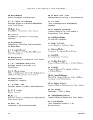 HUMAN RIGHTS, THE UNITED NATIONS, AND THE STRUGGLE AGAINST TERRORISM

Ms. Louise Kantrow
International League for Human Rights

H.E. Mr. Johan Ludvik Løvald
Permanent Mission of Norway to the United Nations

H.E. Mr. Yerzhan Kh. Kazykhanov
Permanent Mission of the Republic of Kazakhstan
to the United Nations

Mr. Rafat Mahdi
United Nations Department of Peacekeeping
Operations

Ms. Peggy Kerry
United States Mission to the United Nations

H.E. Mr. Augustine Philip Mahiga
Permanent Mission of the United Republic of
Tanzania to the United Nations

Mr. Asif Khan
United Nations Department of Peacekeeping
Operations
Ms. Maarit Kohonen
United Nations Office of the High Commissioner
for Human Rights
H.E. Mr. Jagdish Koonjul
Permanent Mission of the Republic of Mauritius
to the United Nations
Mr. Markiyan Kulyk
Permanent Mission of Ukraine to the United Nations
H.E. Mr. Victor Manuel Lagos Pizzatti
Permanent Mission of El Salvador to the
United Nations
H.E. Mr. Moktar Lamani
Office of the Permanent Observer for the Organization
of Islamic Conference to the United Nations
Mr. Jeffrey Laurenti
United Nations Foundation
H.E. Mr. Gilbert Laurin
Permanent Mission of Canada to the United Nations
Dr. Roy E. Licklider
Rutgers University
Ms. Faye Liu
Permanent Mission of the Principality of Liechtenstein
to the United Nations
Ms. Debra Long
Association for the Prevention of Torture

28

Mr. Ram Manikkalingam
The Rockefeller Foundation
Mr. Michael McClintock
Lawyer’s Committee for Human Rights
Mr. Rohington Medhora
International Development Research Centre
Ms. Alicia Miller
Mennonite Central Committee
Ms. Unn Elin Maria Miller
Permanent Mission of Sweden to the United Nations
Ms. Gyula Misi
Permanent Mission of the Republic of Hungary
to the United Nations
H.E. Mr. Hamid Mohammed
Office of the Permanent Observer for the Caribbean
Community to the United Nations
H.E. Mr. Rastam Mohd. Isa
Permanent Mission of Malaysia to the United Nations
Ms. Steve Monblatt
Organization of American States
Ms. Yanerit Morgan Sotomayor
Permanent Mission of Mexico to the United Nations
Mr. Edward Mortimer
United Nations Executive Office of the
Secretary-General

Appendix III

 