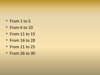1. We are all free and equal
We are all born free. We all have our own thoughts and ideas.
We should all be treated in the same way.
2. Don't discriminate
These rights belong to everybody, whatever our differences.
3. The right to life
We all have the right to life, and to live in freedom and safety.
4. Slavery - past and present
Nobody has the right to make us a slave. We cannot make
anyone our slave.
5. Torture
Nobody has any right to hurt us or torture us.
30 Human Rights
 