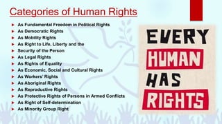 Categories of Human Rights
 As Fundamental Freedom in Political Rights
 As Democratic Rights
 As Mobility Rights
 As Right to Life, Liberty and the
 Security of the Person
 As Legal Rights
 As Rights of Equality
 As Economic, Social and Cultural Rights
 As Workers’ Rights
 As Aboriginal Rights
 As Reproductive Rights
 As Protective Rights of Persons in Armed Conflicts
 As Right of Self-determination
 As Minority Group Right
 