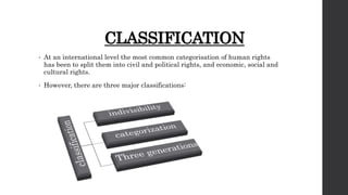 CLASSIFICATION
• At an international level the most common categorisation of human rights
has been to split them into civil and political rights, and economic, social and
cultural rights.
• However, there are three major classifications:
 