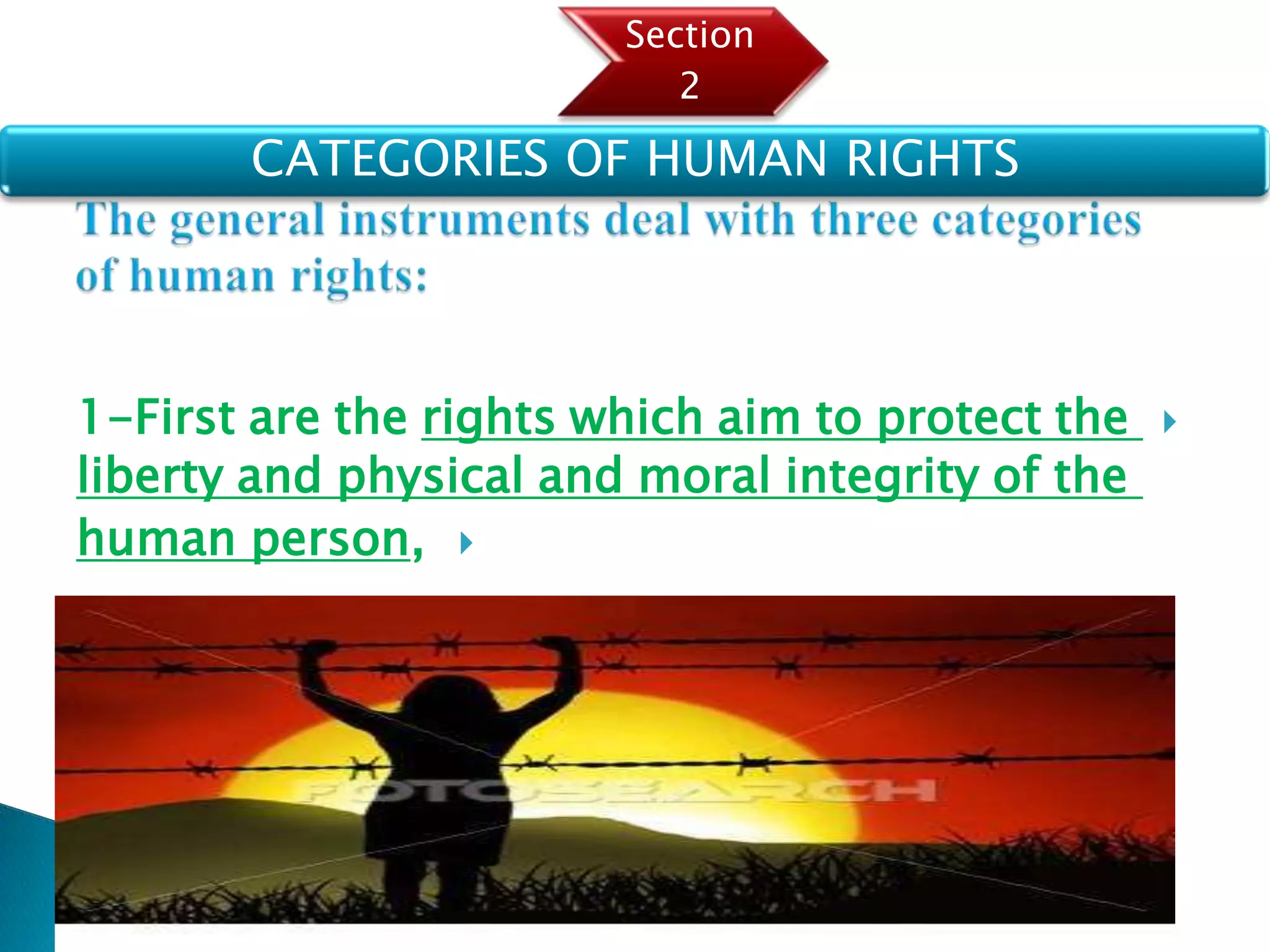 The general instruments deal with three categories of human rights:1-First are the rights which aim to protect the liberty and physical and moral integrity of the human person, 