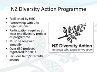 NZ Diversity Action Programme
• Facilitated by HRC
• Partnership with 250
  organisations
• Participation requires at
  least one diversity project
  or programme
• Must be renewed
  annually
• Over 650 projects
  registered for 2011
• Includes faith/interfaith
  groups
 
