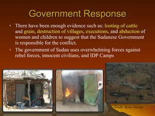 Government Response There have been enough evidence such as:  looting of cattle  and  grain ,  destruction of villages ,  executions , and  abduction  of women and children to suggest that the Sudanese Government is responsible for the conflict. The government of Sudan uses overwhelming forces against rebel forces, innocent civilians, and IDP Camps Credit: Brian Steidle 