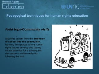 Pedagogical techniques for human rights education



Field trips/Community visits

Students benefit from the extension
of school into the community,
learning from places where human
rights issues develop and paying
critical attention for a subsequent
discussion or written reflection
following the visit.
 
