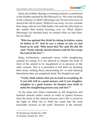 Human Rights in Islam and Common Misconceptions

  Islam also forbids abusing or harming animals as mentioned
in the Hadith reported by Ibn Masoud (): ‘We were traveling
in the company of Allah’s Messenger (). He () went away to
answer the call of nature. While he was away, we saw a female
bird along with its two little babies. We took the little birds so
the mother bird started hovering over us. When Allah’s
Messenger () returned back, he noticed what we had done.
He () asked,
    “Who has agitated this (bird) by taking its babies, return
    its babies to it!” And he saw a colony of ants we had
    burnt so he said: “Who burnt this? We said: We did. He
    said: “Verily nobody should torment with the fire except
    the Lord of the Fire”.90
  Islam, furthermore, commands mercy while slaughtering
animals for eating. It is not allowed to sharpen the knife in
front of the animal to be slaughtered or in presence of the
other animals. Nor is it permitted to kill them by breaking
their necks, striking them, electrocuting etc. or start skinning
them before they are completely dead. The Prophet () said:
    “Verily Allah ordains that you be kind to everything. So
    if you kill, kill in a good manner, and if you slaughter,
    slaughter in a good manner. So sharpen your knife to
    make the slaughtering process easy and fast.”91
  At the same time Islam commands to kill dangerous and
harmful animals and/or insects in order to protect humans
from the harm of the animals because man’s life is sacred in
the Sight of Allah () as Allah has made him the most
honorable creature on the earth. Therefore, if the animals’


90 AbuDaoud, Hadith No. 5268.
91 Muslim, Hadith No. 1955.
 