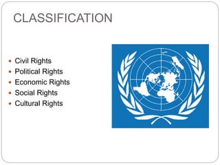 CLASSIFICATION
 Civil Rights
 Political Rights
 Economic Rights
 Social Rights
 Cultural Rights
 