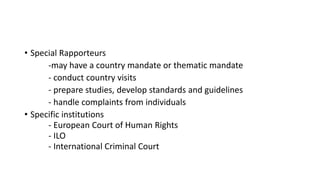 • Special Rapporteurs
-may have a country mandate or thematic mandate
- conduct country visits
- prepare studies, develop standards and guidelines
- handle complaints from individuals
• Specific institutions
- European Court of Human Rights
- ILO
- International Criminal Court
 