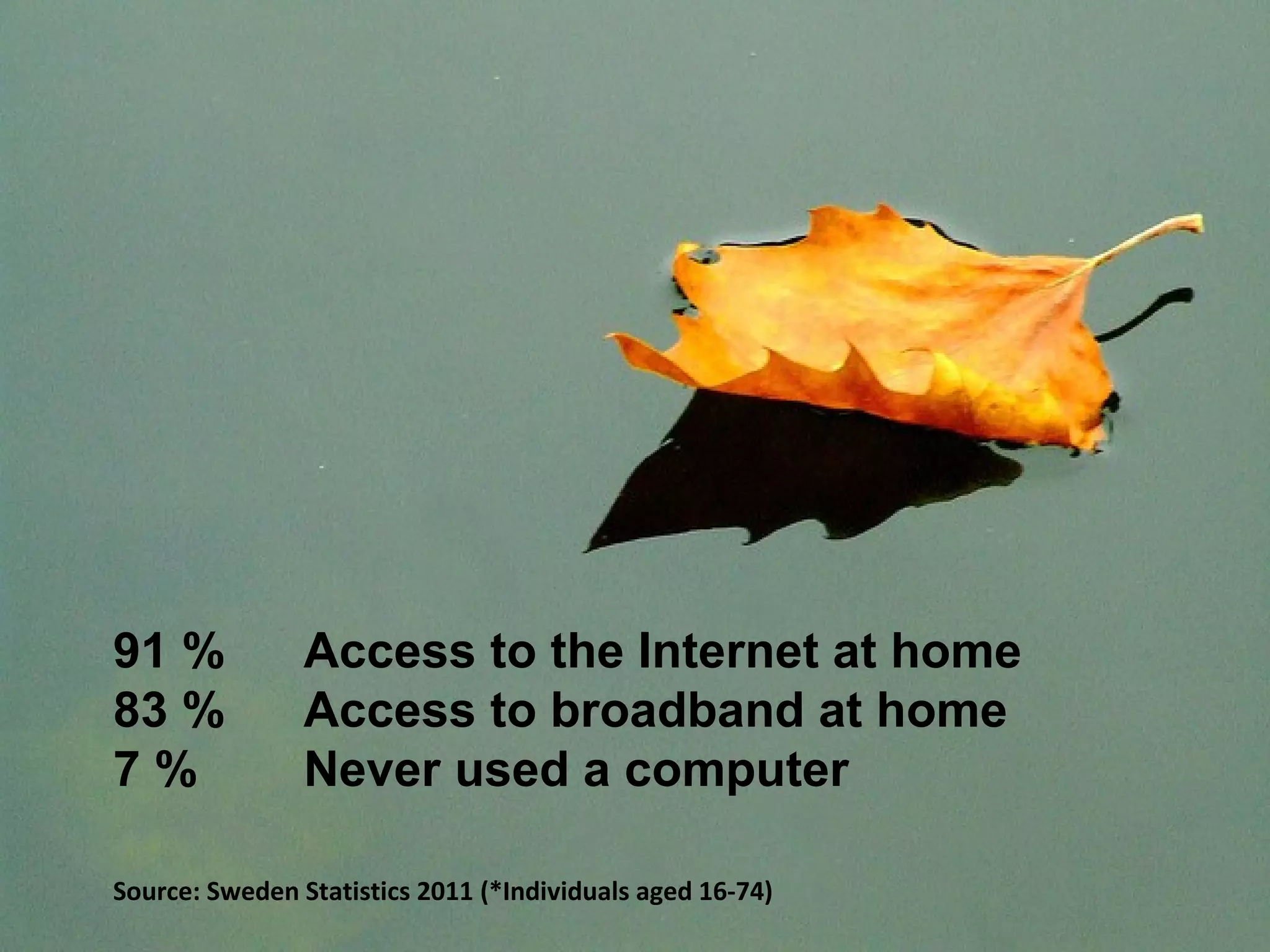 91 %            Access to the Internet at home
83 %            Access to broadband at home
7%              Never used a computer

Source: Sweden Statistics 2011 (*Individuals aged 16-74)
 