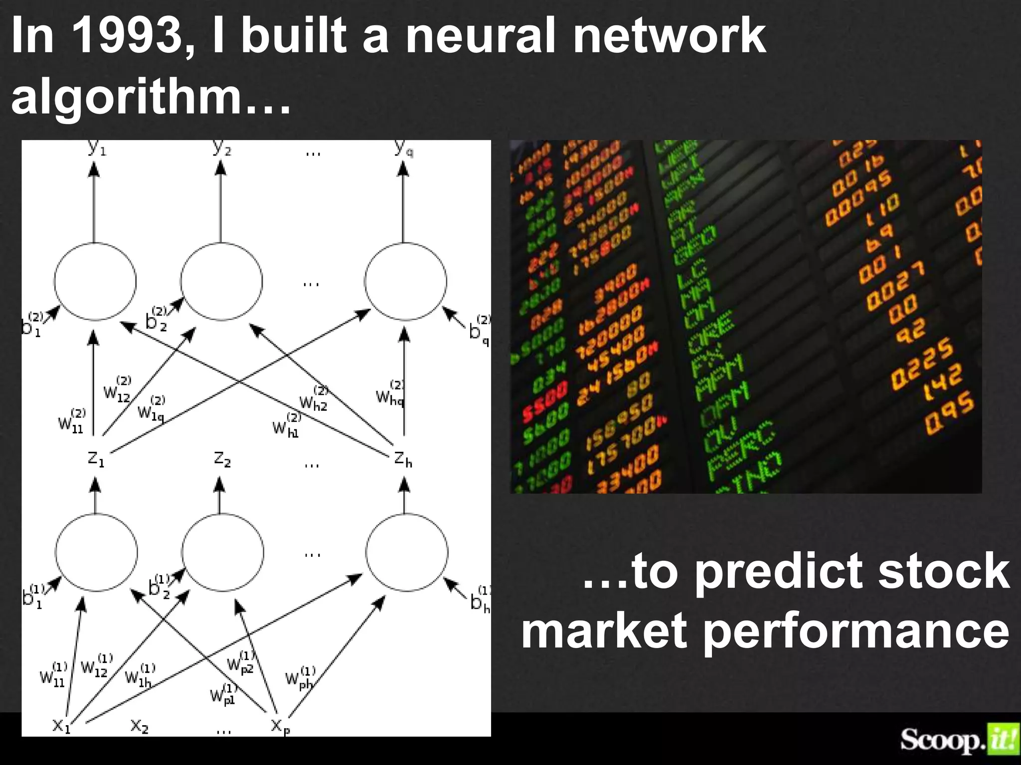 In 1993, I built a neural network
algorithm…
…to predict stock
market performance