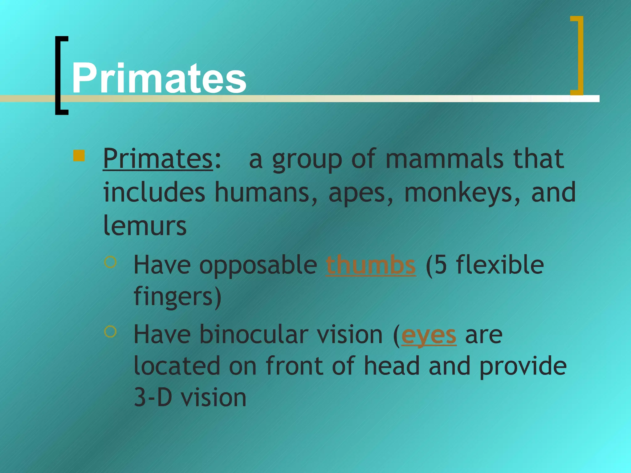 Primates
   Primates: a group of mammals that
    includes humans, apes, monkeys, and
    lemurs
       Have opposable thumbs (5 flexible
        fingers)
       Have binocular vision (eyes are
        located on front of head and provide
        3-D vision
 