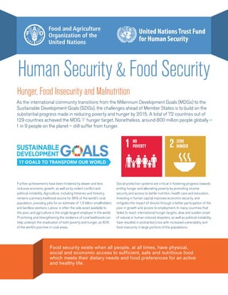 Human Security & Food Security
Hunger, Food Insecurity and Malnutrition
As the international community transitions from the Millennium Development Goals (MDGs) to the
Sustainable Development Goals (SDGs), the challenges ahead of Member States is to build on the
substantial progress made in reducing poverty and hunger by 2015. A total of 72 countries out of
129 countries achieved the MDG 11
hunger target. Nonetheless, around 800 million people globally –
1 in 9 people on the planet – still suffer from hunger.
Further achievements have been hindered by slower and less
inclusive economic growth, as well as by violent conflict and
political instability. Agriculture, including fisheries and forestry,
remains a primary livelihood source for 86% of the world’s rural
population, providing jobs for an estimate of 1.3 billion smallholders
and landless workers. Labour is often the sole asset available to
the poor, and agriculture is the single largest employer in the world.
Prioritizing and strengthening the resilience of rural livelihoods can
help underpin the eradication of both poverty and hunger, as 80%
of the world’s poor live in rural areas.
Social protection systems are critical in fostering progress towards
ending hunger and alleviating poverty by promoting income
security and access to better nutrition, health care and education.
Investing in human capital improves economic security, and
mitigates the impact of shocks through a better participation of the
poor in growth and access to employment. In many countries that
failed to reach international hunger targets, slow and sudden onset
of natural or human-induced disasters, as well as political instability,
have resulted in protracted crisis with increased vulnerability and
food insecurity in large portions of the populations.
Food security exists when all people, at all times, have physical,
social and economic access to sufficient, safe and nutritious food
which meets their dietary needs and food preferences for an active
and healthy life.
 