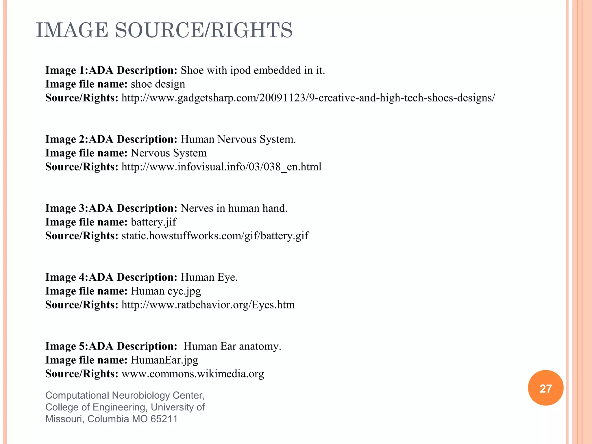 IMAGE SOURCE/RIGHTS
Image 1:ADA Description: Shoe with ipod embedded in it.
Image file name: shoe design
Source/Rights: http://www.gadgetsharp.com/20091123/9-creative-and-high-tech-shoes-designs/


Image 2:ADA Description: Human Nervous System.
Image file name: Nervous System
Source/Rights: http://www.infovisual.info/03/038_en.html


Image 3:ADA Description: Nerves in human hand.
Image file name: battery.jif
Source/Rights: static.howstuffworks.com/gif/battery.gif


Image 4:ADA Description: Human Eye.
Image file name: Human eye.jpg
Source/Rights: http://www.ratbehavior.org/Eyes.htm


Image 5:ADA Description: Human Ear anatomy.
Image file name: HumanEar.jpg
Source/Rights: www.commons.wikimedia.org
                                                                                             27
Computational Neurobiology Center,
College of Engineering, University of
Missouri, Columbia MO 65211
 
