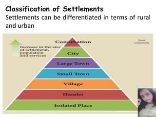 Classification of Settlements
Settlements can be differentiated in terms of rural
and urban
 