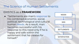 The Science of Human Settlements
EKISTICS as a FRAMEWORK
● “Settlements are man's response to
his combined economic, social,
political, technological and cultural
human needs. As a result, man
becomes successful with his
response to this need only if he is
happy and safe within the
settlement that he creates for
himself.”
SETTLEMENTS
MAN
NEEDS
SATISFACTION
 