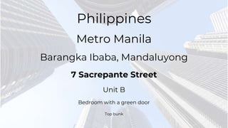 7 Sacrepante Street
Unit B
Bedroom with a green door
Top bunk
Barangka Ibaba, Mandaluyong
Metro Manila
Philippines
 
