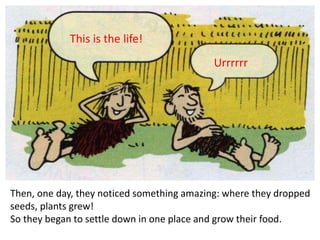 This is the life!
Urrrrrr
Then, one day, they noticed something amazing: where they dropped
seeds, plants grew!
So they began to settle down in one place and grow their food.
 