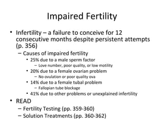 Impaired Fertility Infertility – a failure to conceive for 12 consecutive months despite persistent attempts (p. 356) Causes of impaired fertility 25% due to a male sperm factor Love number, poor quality, or low motility 20% due to a female ovarian problem No ovulation or poor quality ova  14% due to a female tubal problem Fallopian tube blockage 41% due to other problems or unexplained infertility READ Fertility Testing (pp. 359-360) Solution Treatments (pp. 360-362)  