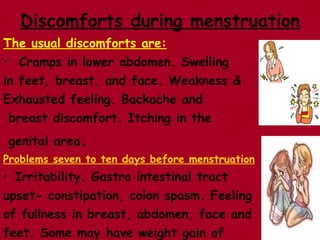 Discomforts during menstruation The usual discomforts are: Cramps in lower abdomen. Swelling in feet, breast, and face. Weakness &  Exhausted feeling. Backache and breast discomfort. Itching in the genital area . Problems seven to ten days before menstruation Irritability. Gastro intestinal tract  upset- constipation, colon spasm. Feeling of fullness in breast, abdomen, face and  feet. Some may have weight gain of  1-1.5 Kgs. 