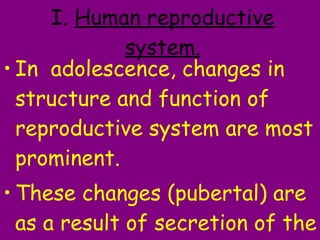 I.  Human reproductive system. In  adolescence, changes in structure and function of reproductive system are most prominent. These changes (pubertal) are as a result of secretion of the hormones.   